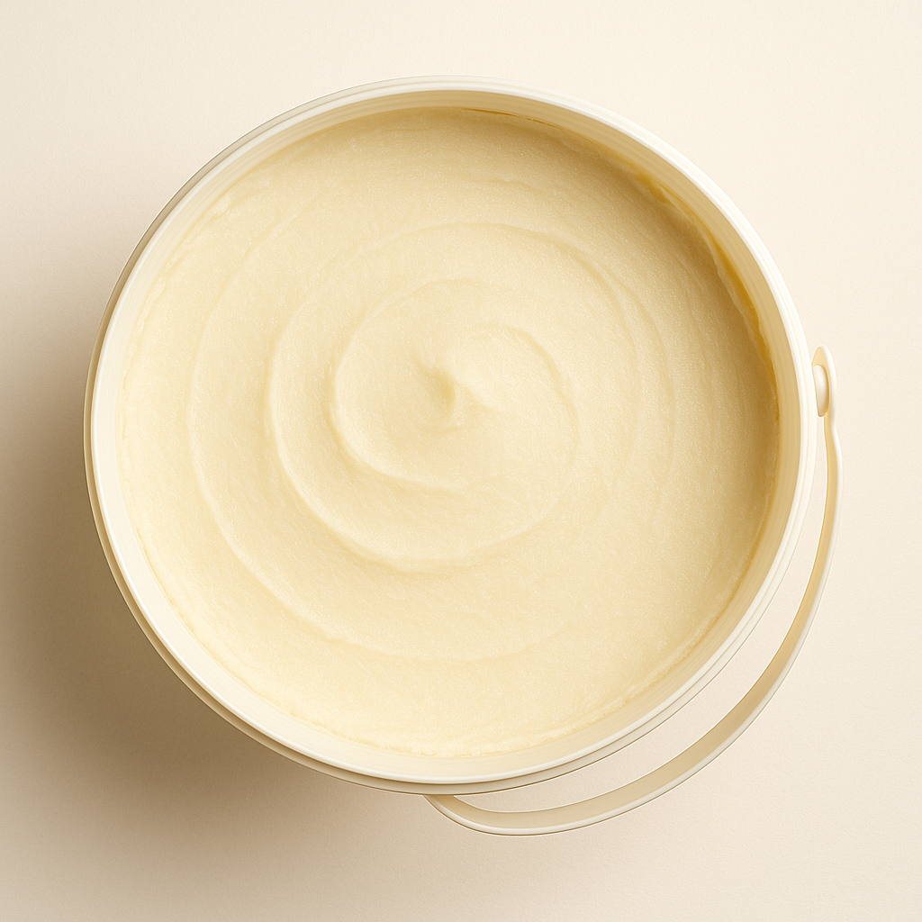Rainforestcosme raw Nilotica shea butter. 1Kg bucket. An easy to formulate shea butter for moisturizing face, body, beard, and hair.
