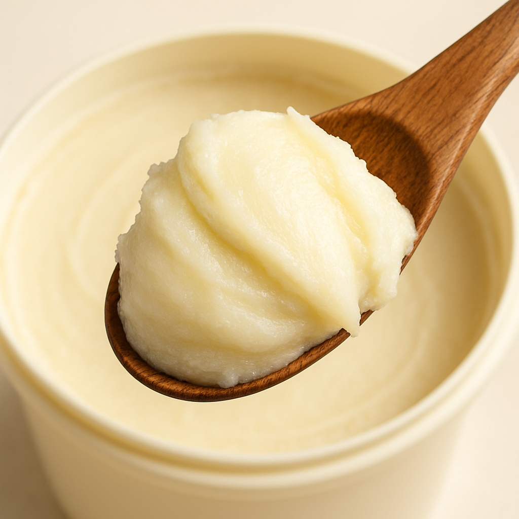 Rainforestcosme raw Nilotica shea butter. 1Kg bucket. An easy to formulate shea butter for moisturizing face, body, beard, and hair.