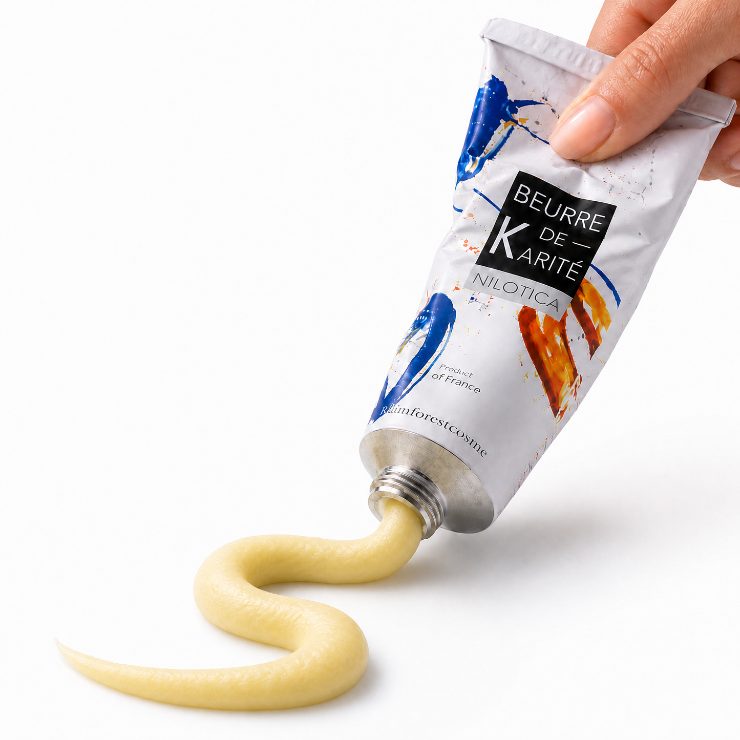 Hidrate sua pele e suavize seu cabelo com o creme de manteiga de karité Nilotica da Rainforestcosme. Tubo de 125 ml.