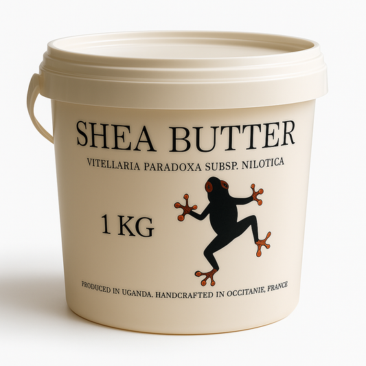 Rainforestcosme raw Nilotica shea butter. 1Kg bucket. An easy to formulate shea butter for moisturizing face, body, beard, and hair.